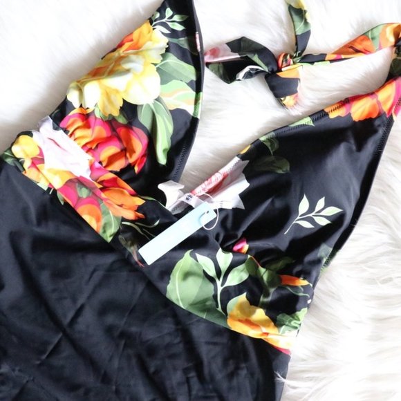 NEW Floral And Black Plunge Halter One Piece Bathing Suit Size XXL - Picture 4 of 9